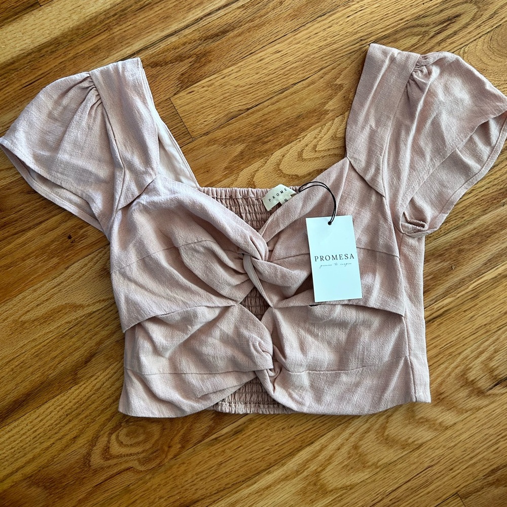 Promesa Dusty Rose Knot-Front Puff Sleeve Crop Top - New with Tag